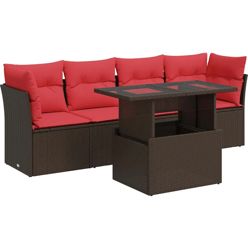 vidaXL 5-delige Loungeset met kussens poly rattan acacia bruin, foto 3