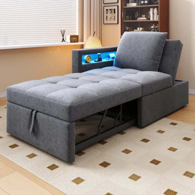 MODENUIT Slaapbank 177 x 68 x 65 cm - 3-in-1 Met Verstelbare Rugleuning - Voor Kleine Ruimtes - Linnen Lichtgrijs