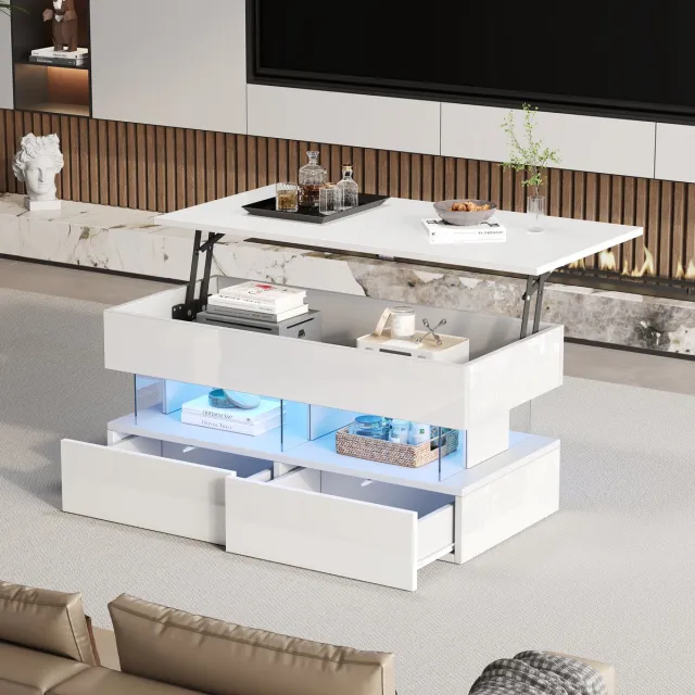 FloraGrace Salontafel - Hefbaar Tafelblad Met Opbergruimte En Led - Voor Woonkamer - MDF En Acryl - 100x50x46 Cm - Wit