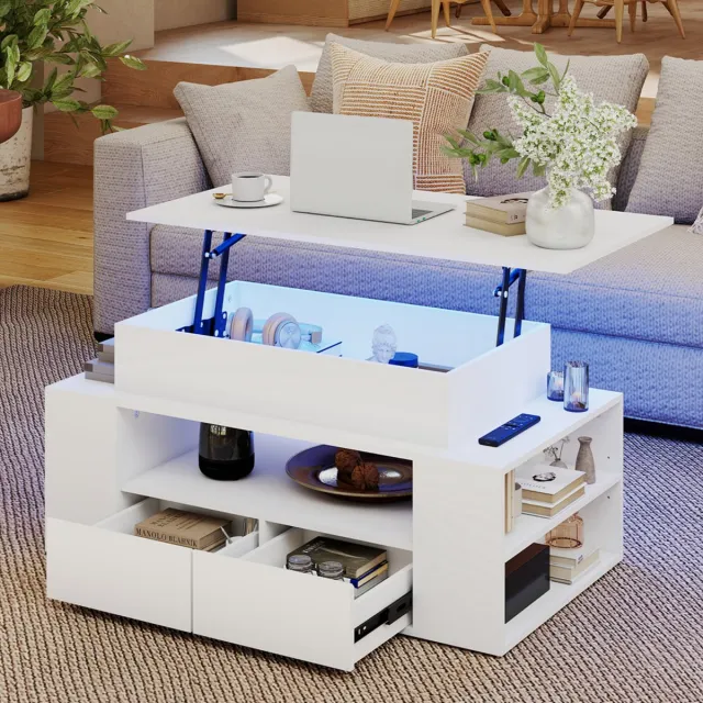 Puluomis Salontafel Koffietafel - Met LED Verlichting En 2 Lades - Verstelbaar bureaublad - Woonkamer Tafel - 92x50x56 cm - Wit