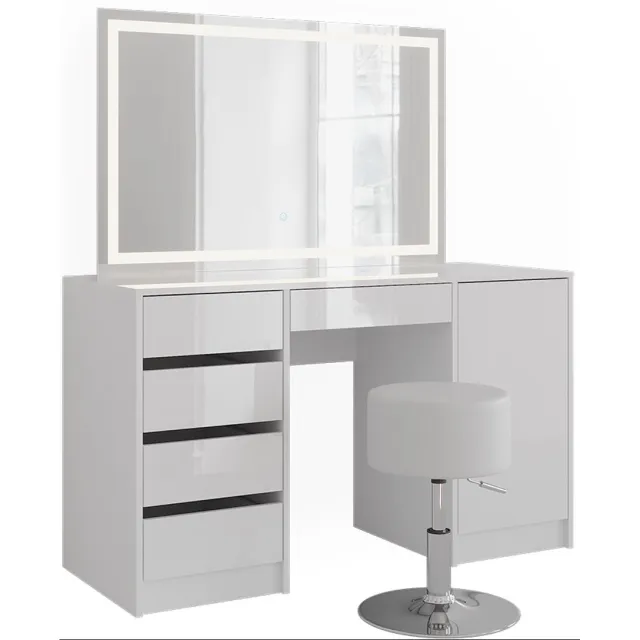 Vicco Kaptafel set met kruk Sherry, Wit/Wit Hoogglans, 128.2 cm met LED-spiegel en kruk