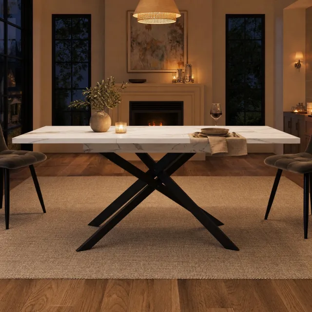 Maisentiel Uitschuifbare eettafel 120-160 x 80 cm - wit marmerlook blad, zwart X-onderstel