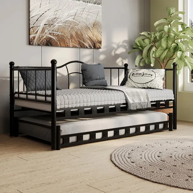 AirSleeperz Metalen Slaapbank Lisa - 2x 90x200 cm - Met Uitschuifbed - 1,5 mm Staal - Zwart - 2x 1-persoons