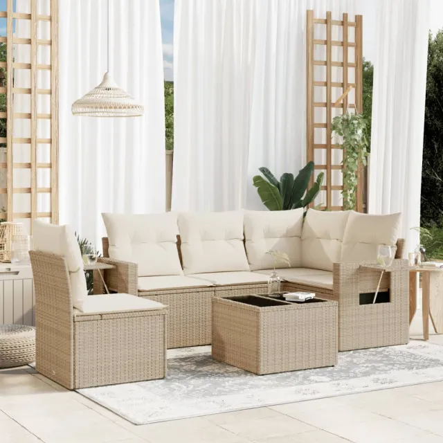 vidaXL 6-delige Loungeset met kussens poly rattan beige, foto 2