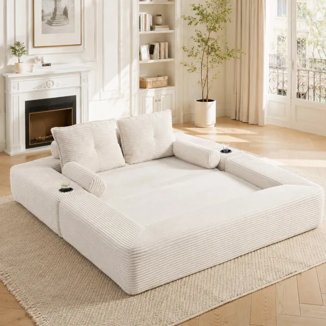 MODFU Slaapbank-2-Zits-Opvouwbaar-Ribstof-Beige