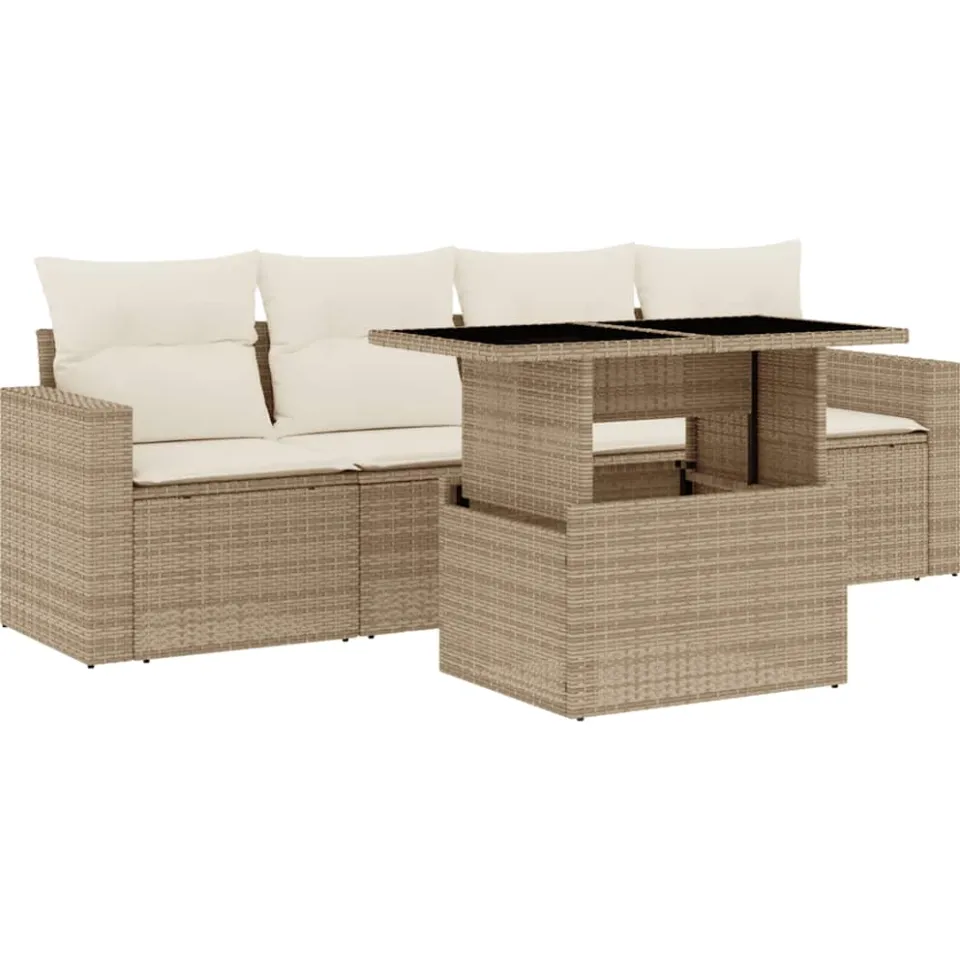 vidaXL 5-delige Loungeset met kussens poly rattan beige, foto 3