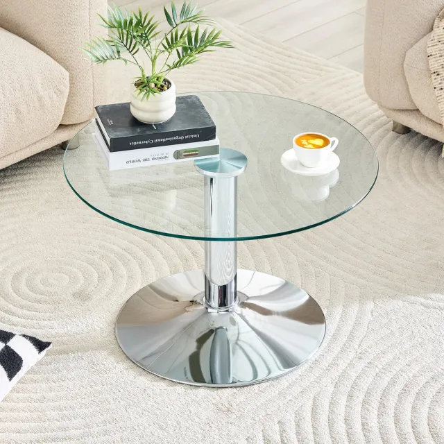 REDOM Salontafel - Rond tafelblad van gehard glas - Metalen zuil met ronde voet - Krasbestendig - Woonkamer - Glas en metaal - Zilver - 70 x 70 x 45 cm