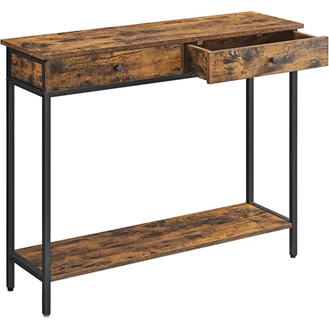 Hoppa! Consoletafel, hal tafel, bijzettafel, bank tafel met 2 laden, stalen frame, hal, woonkamer, industrieel ontwerp, vintage bruin-zwart Goud