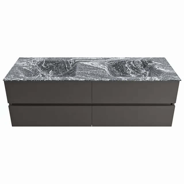 Mondiaz VICA-DLUX 150cm badmeubel onderkast Dark grey 4 lades. Inbouw wastafel CLOUD dubbel 2 kraangaten, kleur Lava.