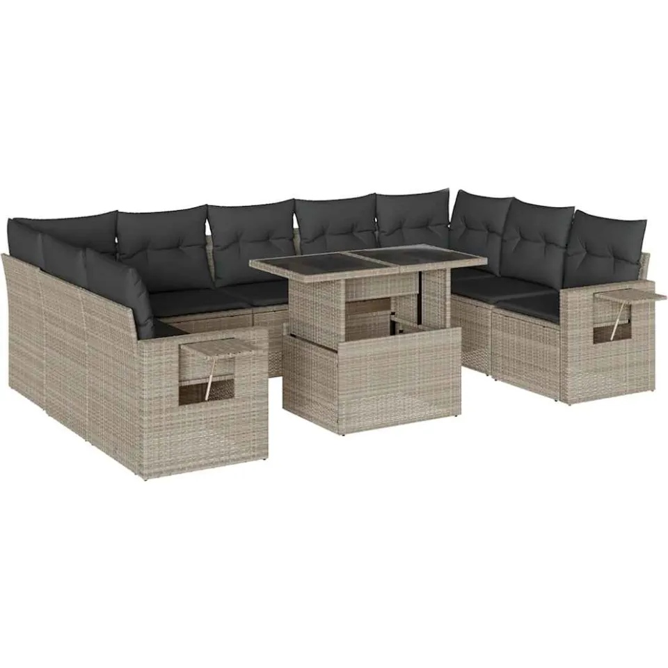 vidaXL 10-delige Loungeset met kussens poly rattan lichtgrijs grijs, foto 3