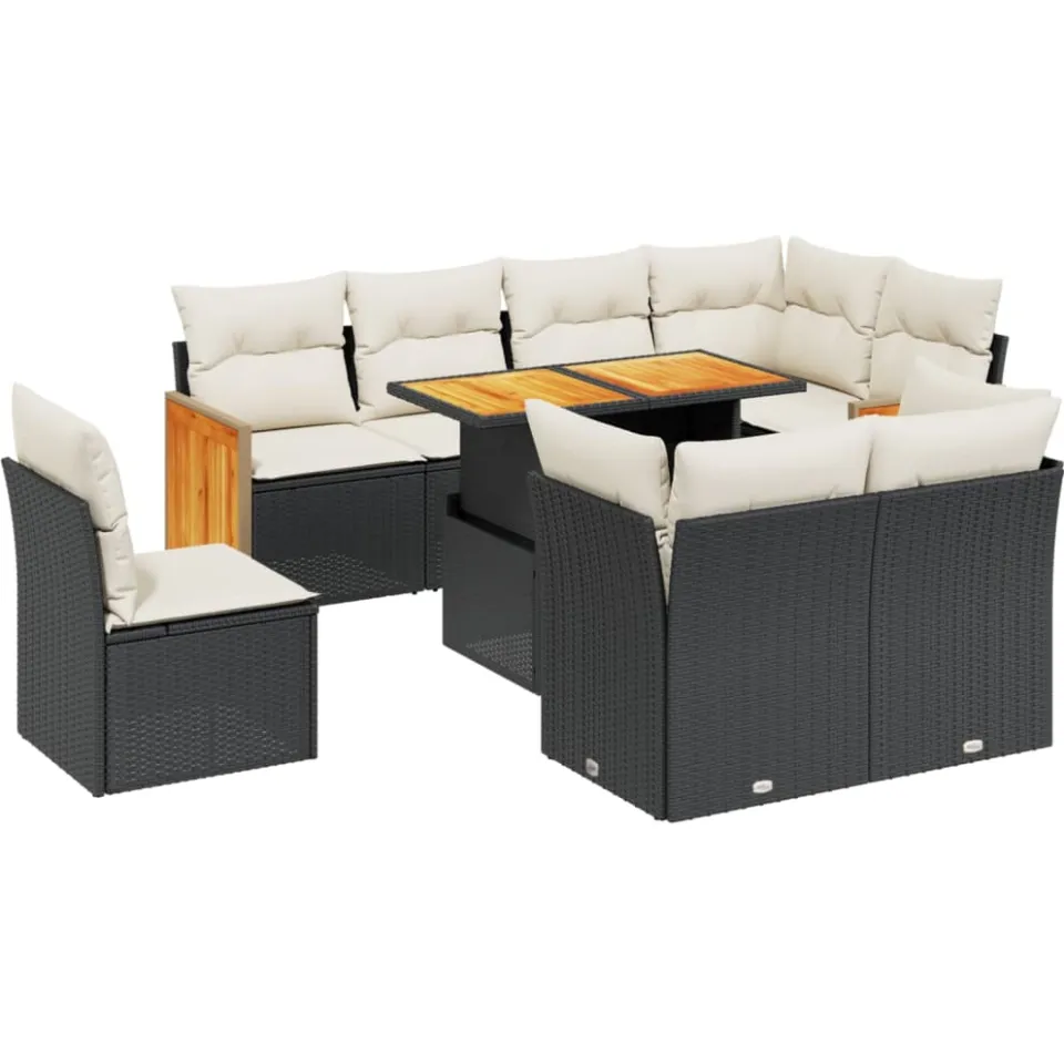 vidaXL 9-delige Loungeset met kussens poly rattan zwart