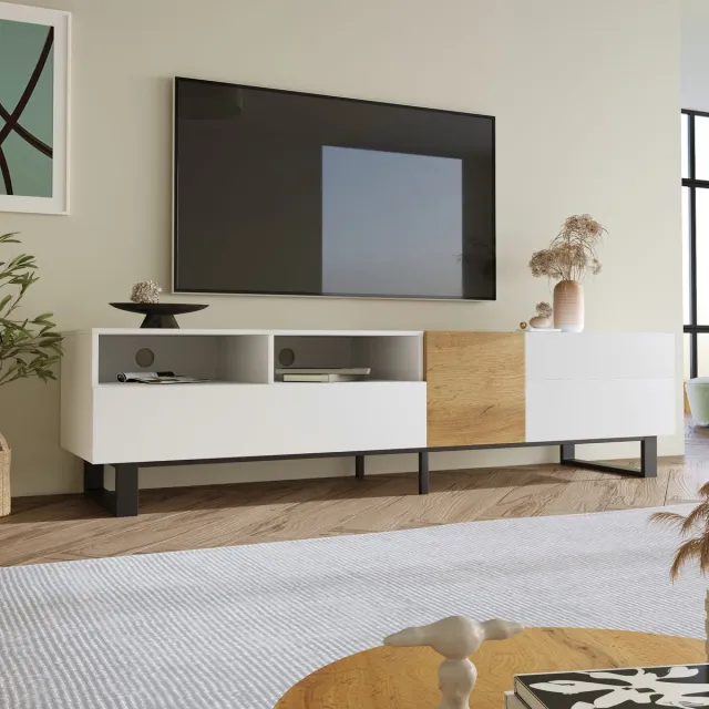 REDOM TV-meubel - MDF - met lades - 180 x 50 x 38 cm, White,Wood Wit + Hout