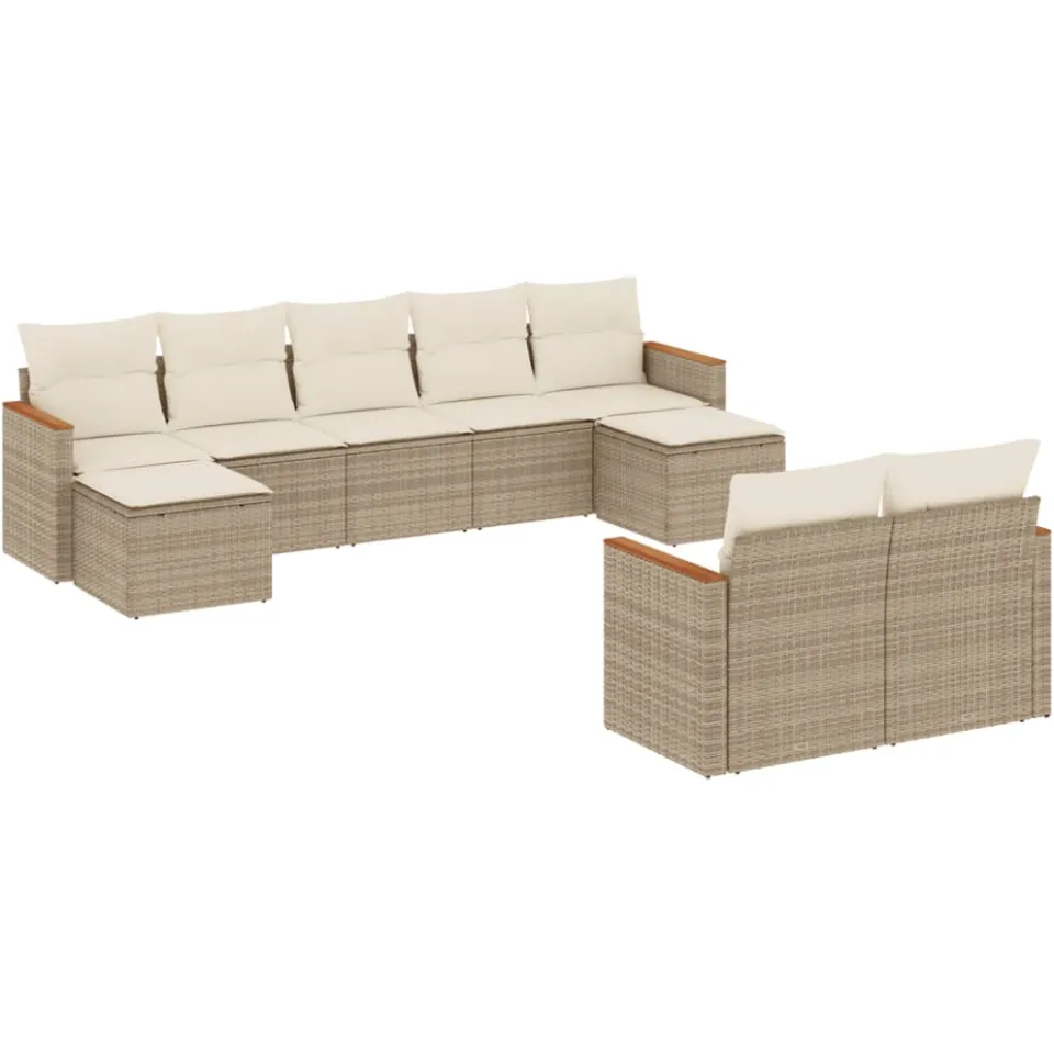 vidaXL 9-delige Loungeset met kussens poly rattan beige, foto 3