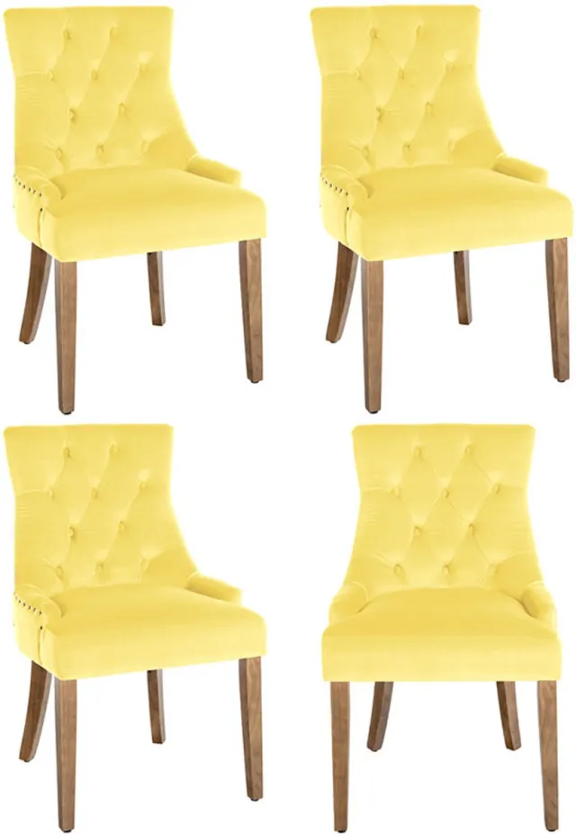 CLP Aberdeen Set van 4 eetkamerstoelen - Zonder armleuning - Hout - Fluweel - geel antiek licht