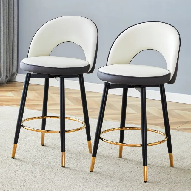 HAUSS SPOLE Barkruk – Set Van 2 – 360 Graden Draaibaar Met Open Rugleuning – Voor Bar En Keuken – Metaal En Kunstleer – Donkergrijs Wit