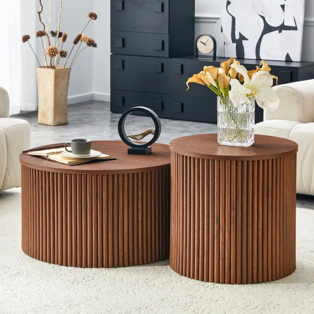 Wishdor Salontafel set van 2 - Rond met opbergruimte - MDF walnootkleur - Romanzuil design - Woonkamer slaapkamer kantoor - Compact nestbaar Walnut