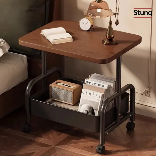 Stunq Multifunctionele salontafel met wielen, massief hout, dubbellaags opbergrek, nachtkastje Zwart