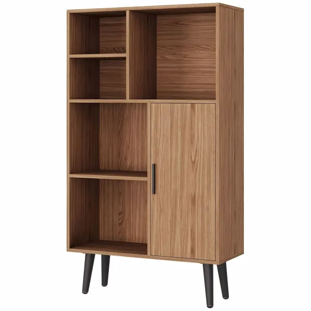 Happiq Boekenkast 4-Laags - Met Deur en Vrijstaand design - voor woonkamer en kantoor - Houtlook Mid-Century - Paars Bruin