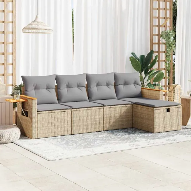 vidaXL 5-delige Loungeset met kussens poly rattan beige, foto 2