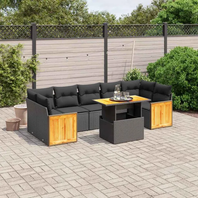 vidaXL 8-delige Loungeset met kussens poly rattan zwart, foto 2