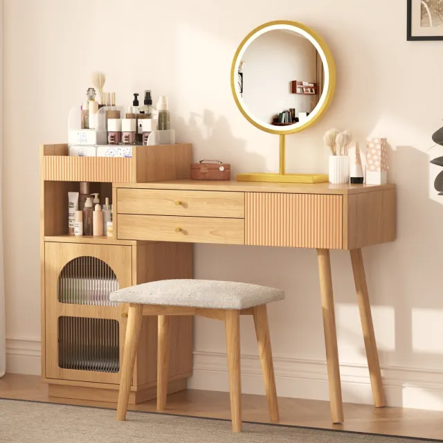 MODENUIT Kaptafel - Spiegel Met Dimbare Ledverlichting - 3 Laden En Zijkast Voor Slaapkamer - Naturel - 120x40x90 Cm Onbehandeld