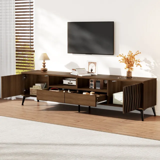 DESMIU Tv-Meubel - 2 Deuren, 2 Lades en Kabeldoorvoer - Voor Woonkamer en Tv's tot 75 Inch - Spaanplaat - Walnootkleur - 180x35x45 Cm