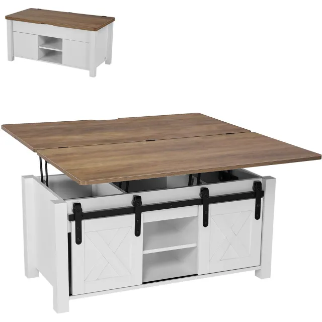 Vevor Lift Top Salontafel 100 cm, Rustieke Salontafel met Schuurdeur en Verborgen Opbergvak, Rechthoekig Hefbaar Tafelblad voor Woonkamer, Kantoor, Thuis, Woonkamertafel, Banktafel, Bruin + Wit Wit Rustiek Bruin