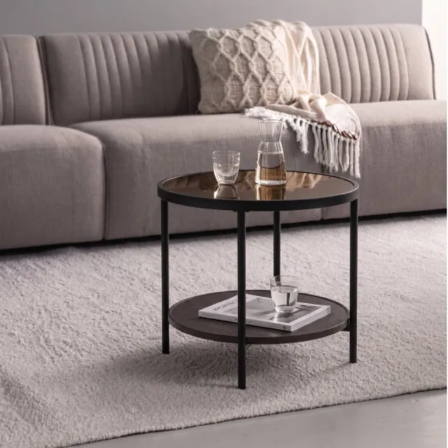 Meubelplaats Salontafel Harald rond - glas en melamine bruin - Ø48x50 cm - met onderplateau Bruin Bruin