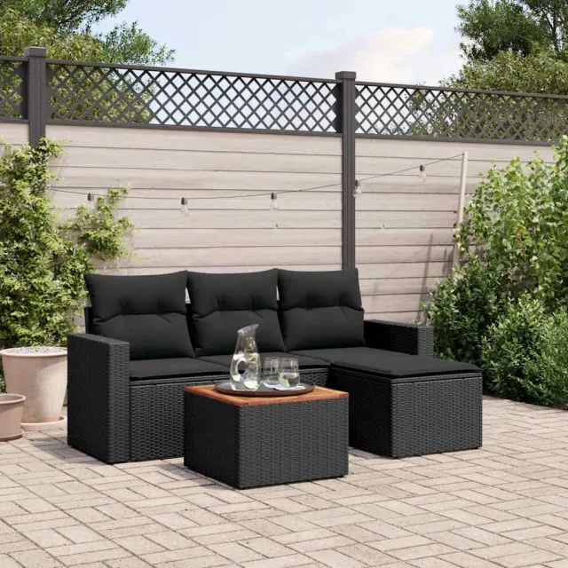 vidaXL 5-delige Loungeset met kussens poly rattan zwart, foto 2