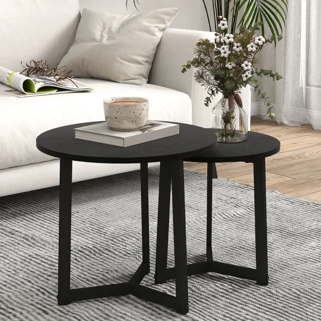 HAUSS SPOLE Salontafelset Van 2 - Ronde Nesttafels Voor De Woonkamer - Moderne Zwarte Stalen Frames En MDF - Grote Tafel 48 x 45 Cm - Kleine Tafel 40 x 40 Cm