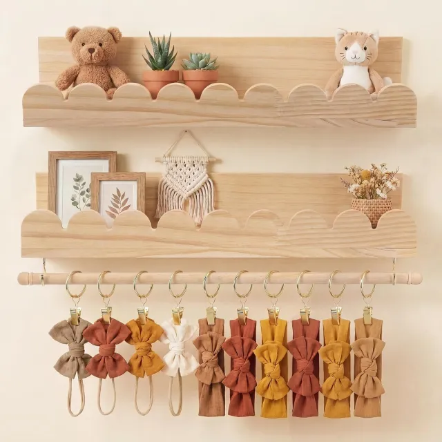 Mrilary Wandplank Zwevend met Stang & Klemmen - 40 cm - Hout - Boekenplank kinderkamer - Babykamer Wandplank - Babykamer Decoratie - Opbergplank Houtkleur