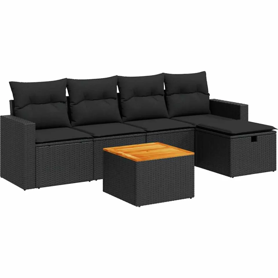 vidaXL 6-delige Loungeset met kussens poly rattan zwart, foto 3