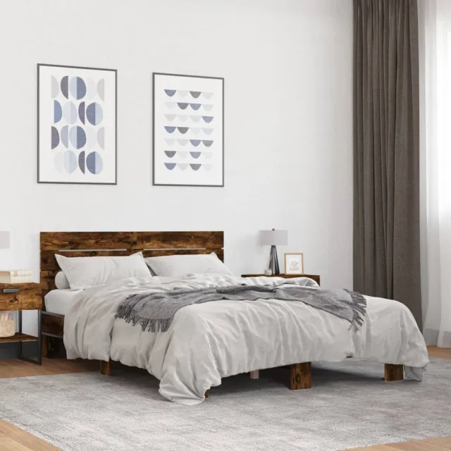 vidaXL Bedframe bewerkt hout metaal gerookt eikenkleurig 140x200 cm