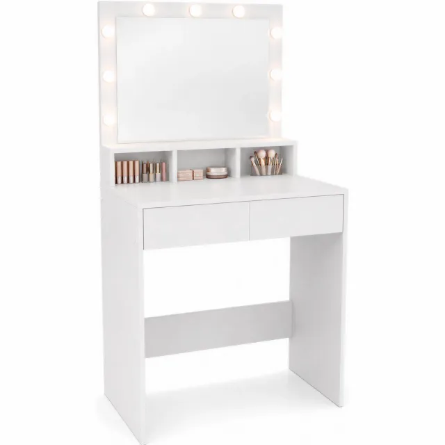 Monza Home Make Up Tafel – Kaptafel met Spiegel en Verlichting – Hollywood Spiegel over de Volle Breedte – 9 Dimbare LED-Lampen & 3 Lichtkleuren – 2 Lades en 3 Open Vakken – 80 x 40 x 140 cm – Wit – Monza Home