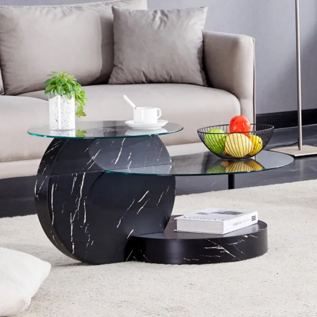 LemonBest Ronde salontafel 90 x 70 x 44 cm - Tweelaagse koffietafel van gehard glas - MDF onderstel met zwarte textuurlook - Transparant Zwart
