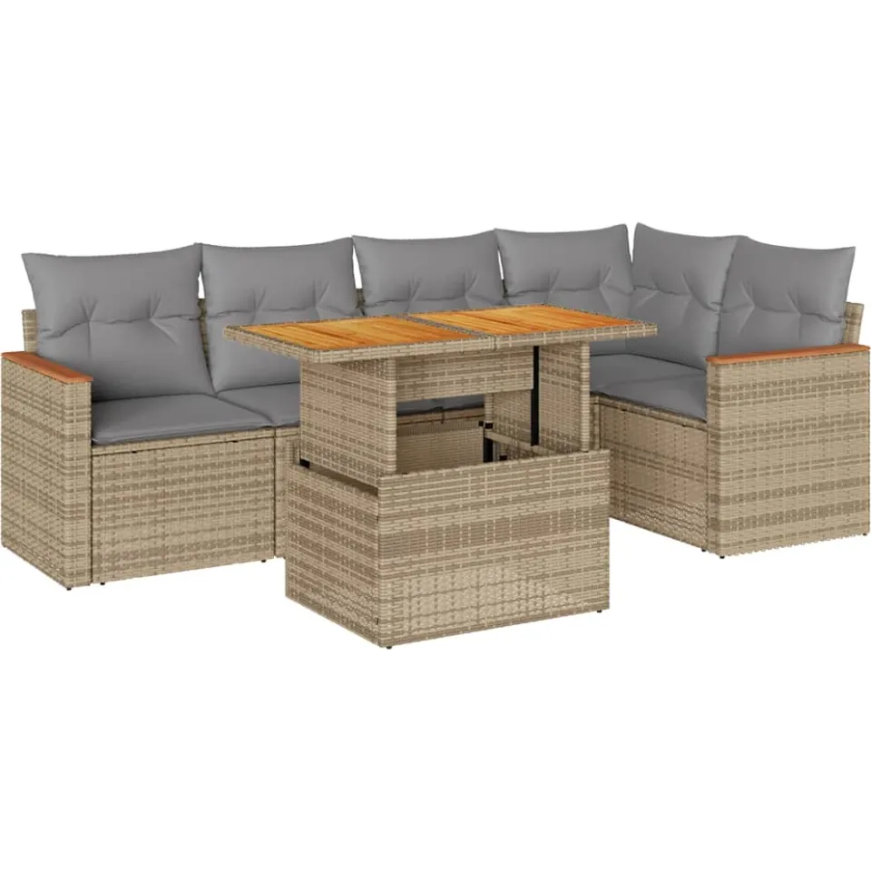 vidaXL 6-delige Loungeset met kussens poly rattan acacia beige, foto 3