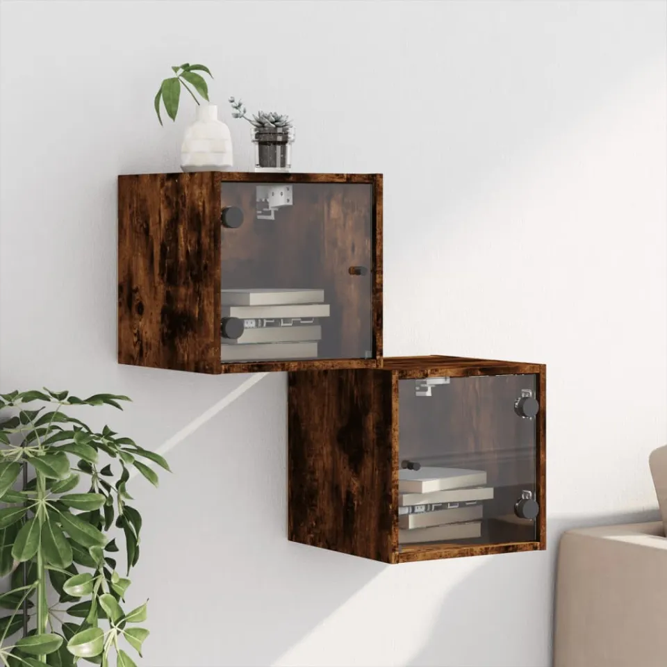vidaXL Nachtkastjes met glazen deuren 2 st 35x37x35 cm gerookt eiken, foto 3