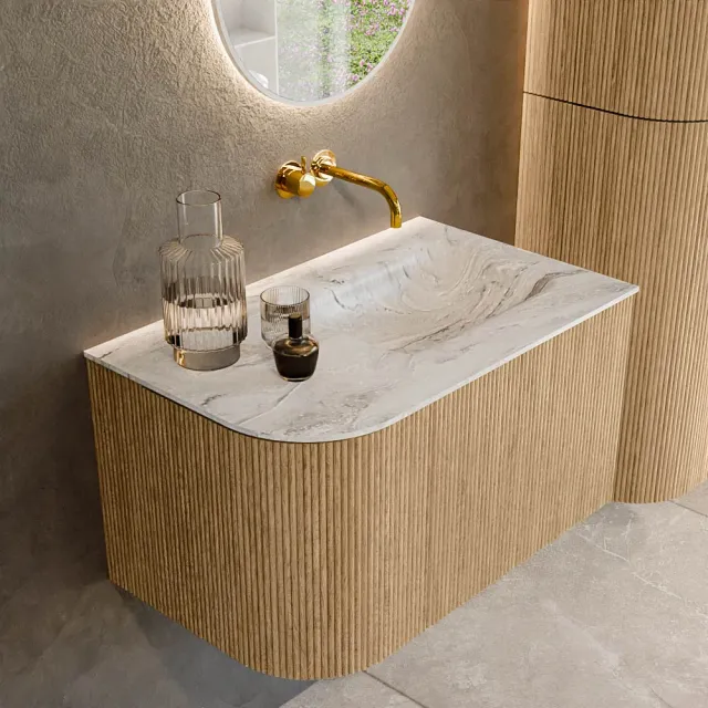 Mondiaz KURVE-DLUX 75 cm Onderkast Greeploos 1 Lade Met Deuren Oak, Wastafel Solid Surface Rechts Glace 0 Kraangaten Zonder Spiegel (KRVGRU75L1L1D0KR-Oak/Gla)
