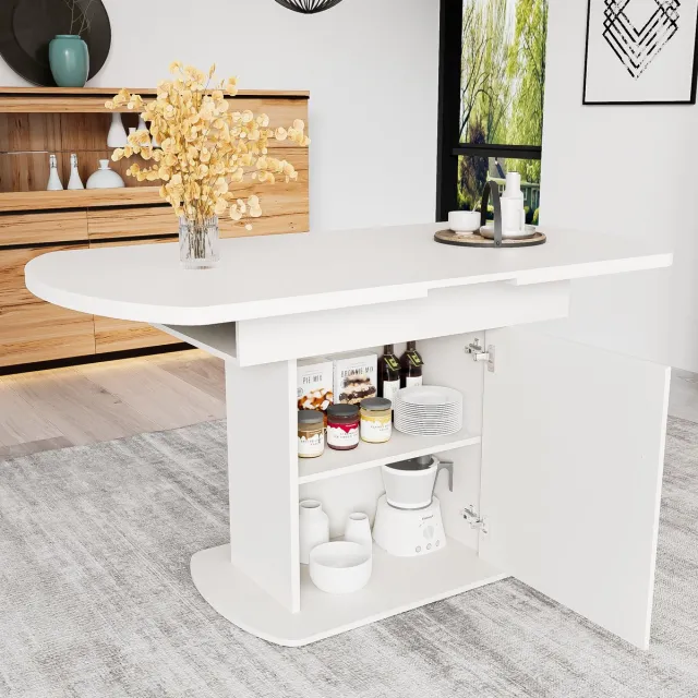 MEUNIQ uitschuifbare ovale eettafel 110/130 x 70 x 75 cm met opbergruimte en kastvakken, moderne tafel voor eetkamer of woonruimte, wit en goud