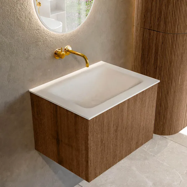 Mondiaz KURVE 60 cm Onderkast Greeploos 1 Lade Zonder Deuren Walnut, Wastafel Solid Surface Midden Talc 0 Kraangaten Zonder Spiegel (KRVCLO601L0D0KM-Wal/Tal)