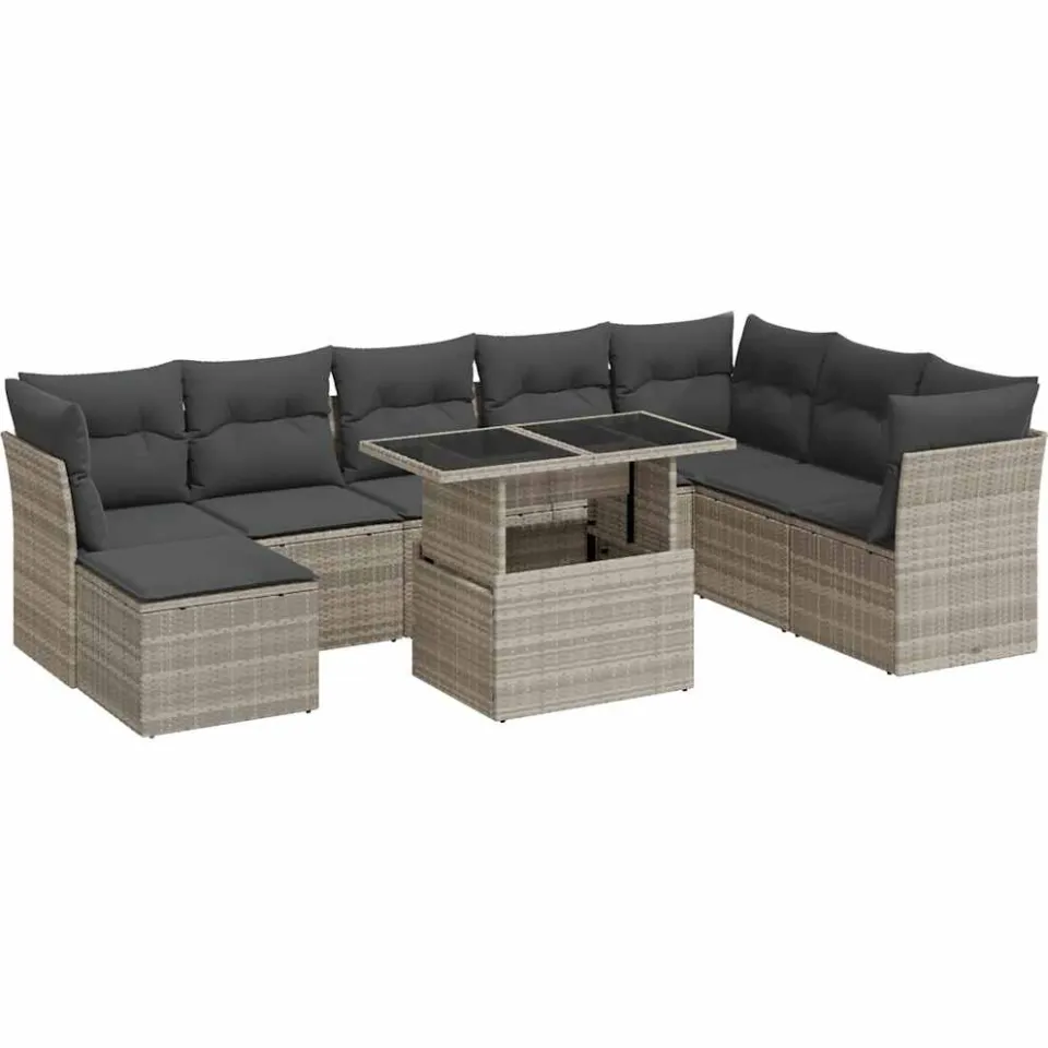 vidaXL 9-delige Loungeset met kussens poly rattan lichtgrijs grijs, foto 3