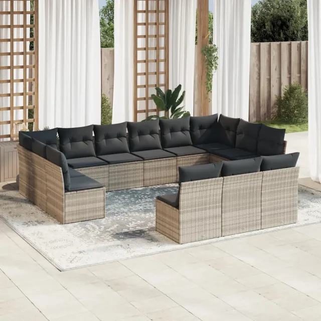 vidaXL 13-delige Loungeset met kussens poly rattan lichtgrijs grijs, foto 2
