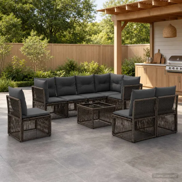 vidaXL Tuinbankenset 9 st 8-zits Grijs poly rattan, foto 2