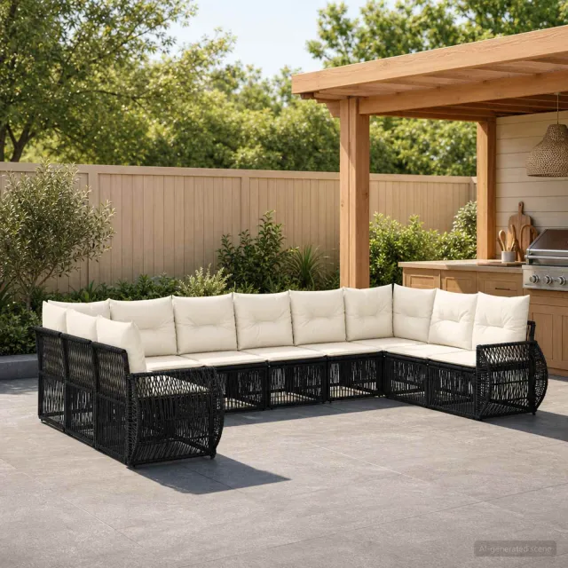 vidaXL Tuinbankenset 10 st 10-zits Zwart en Cream Wit poly rattan, foto 2