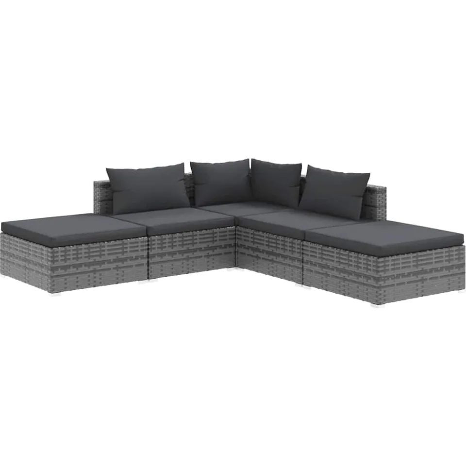 vidaXL 5-delige Loungeset met kussens poly rattan grijs, foto 3