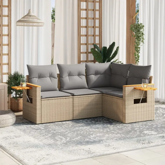 vidaXL 4-delige Loungeset met kussens poly rattan beige, foto 2