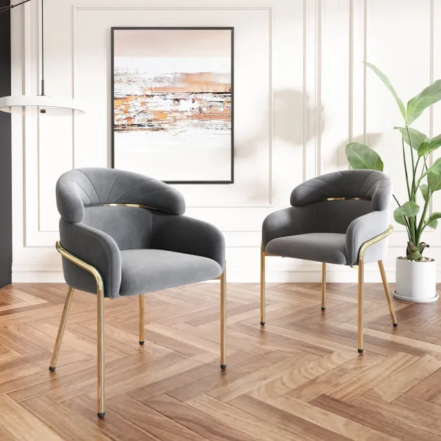 Merax Eetkamerstoel - set van 2 - lichte luxe - woonkamer - slaapkamer - loungestoel - vier metalen poten - fluweel - grijs