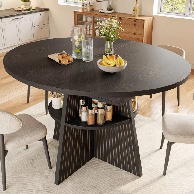 DESMIU Eettafel Uitschuifbaar Met Open Opbergvak In Poten Voor Kleine Ruimtes Woonkamer En Eetkamer MDF Zwart 110 Tot 150 X 110 X 76 Cm
