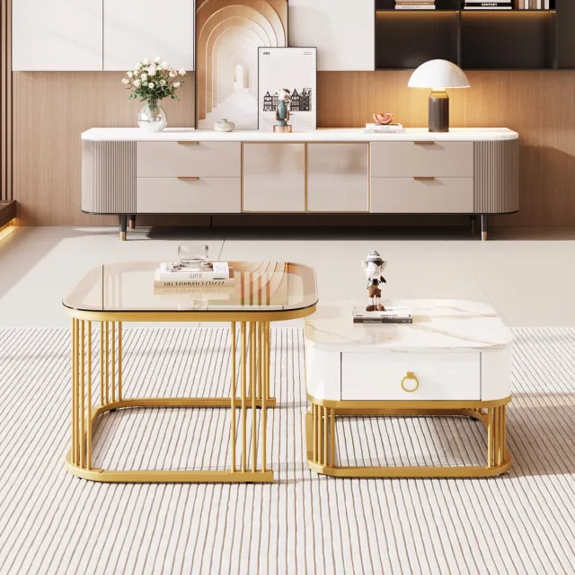 Wishdor Set van 2 bijzettafels 60*60*42,5+50*50*34 cm van MDF, marmerlook en teebraun glas, goud Wit