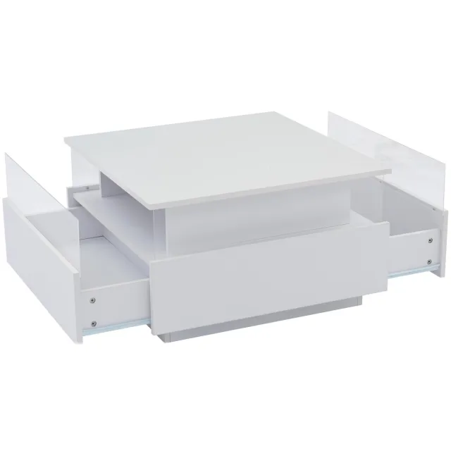 REDOM Hoogglans LED-salontafel 70×70×41 cm – Wit, 2 lades, transparante presentatieruimte, 30 kg draagkracht